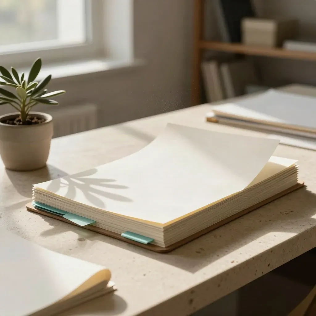 Feuilles de cadrage blanches, clipboard fermé, onglets vert d’eau et plante en pot sur pierre claire.