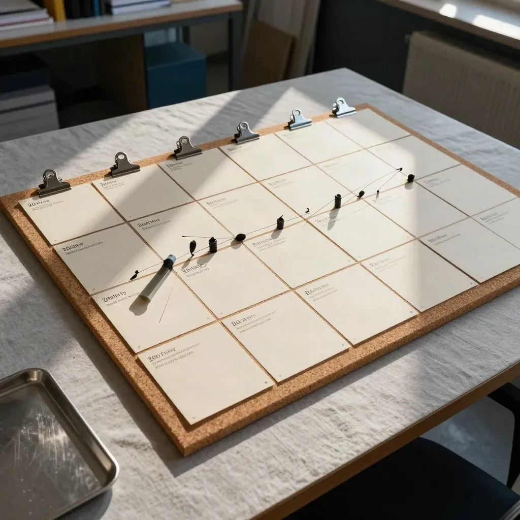 Tableau de roadmap modulaire sur liège, cartes crème, fils tendus et lumière d’hiver.