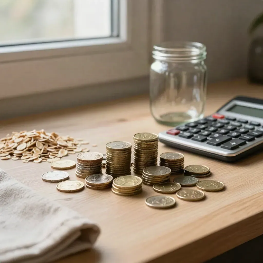 Pièces alignées, calculatrice, bocal en verre et tissu plié sur une table près d’une fenêtre.