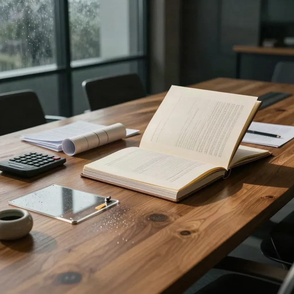 Table d’audit projet avec classeur, feuilles, diviseurs et calculatrice dans une salle sombre.