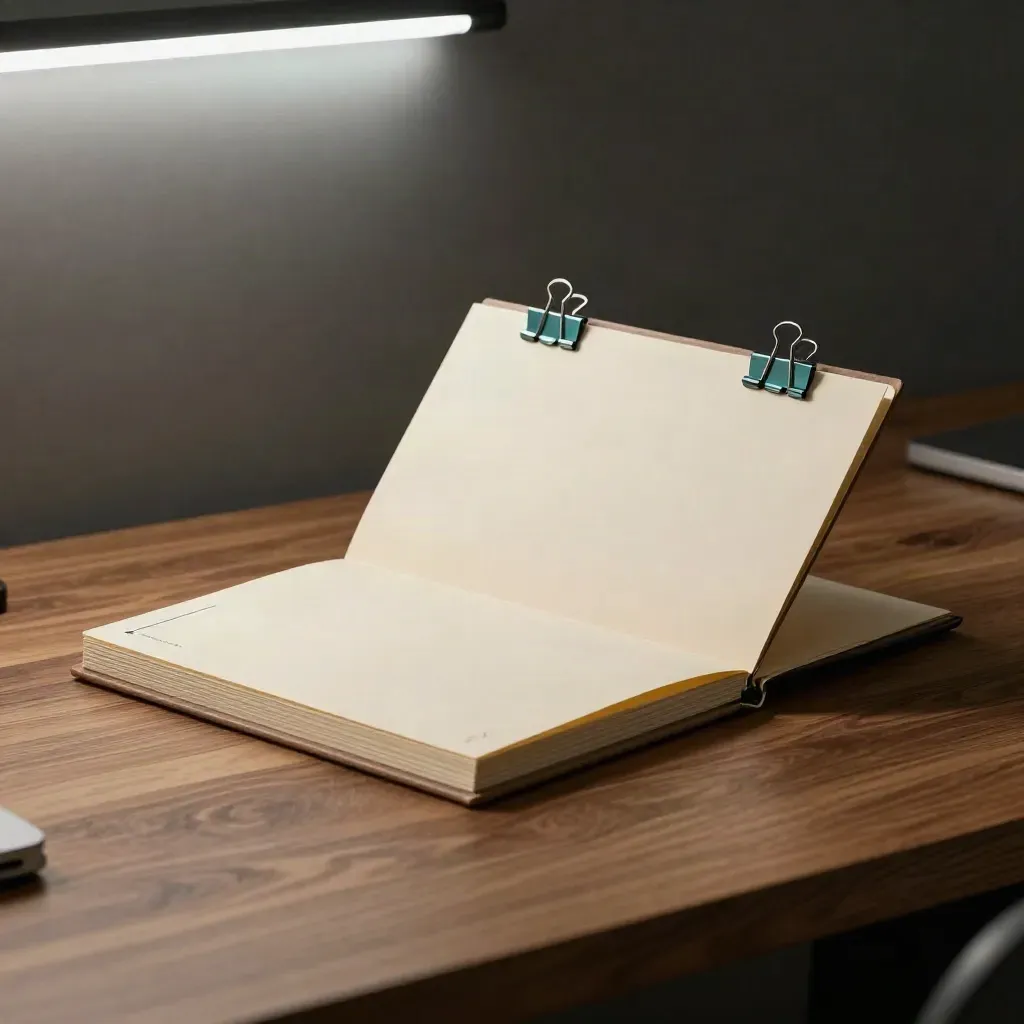 Dossier priorisé sur des feuilles empilées, clips discrets, lumière rasante et poussière flottante.