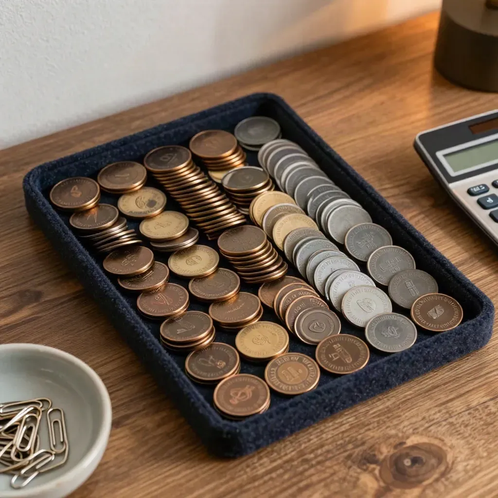 Vue zénithale d’un budget maîtrisé : jetons de dépenses, calculatrice et bol de trombones sur bois chaud.