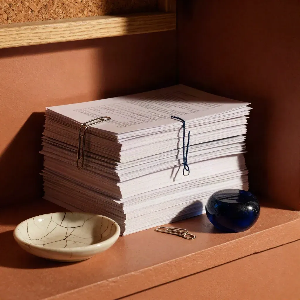 Gros plan d’un coin de revue des risques avec papier agrafé, céramique fêlée et lumière chaude.
