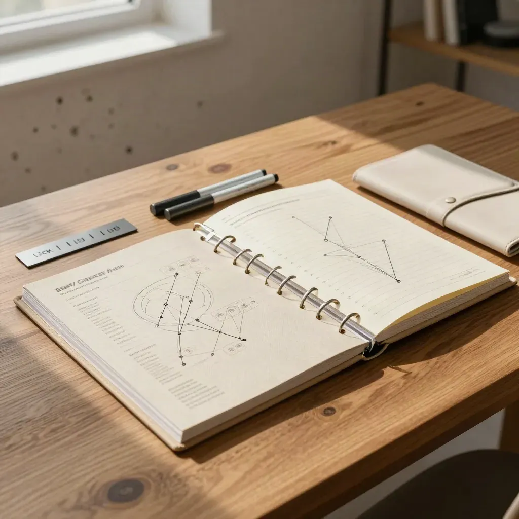 Kit de lancement sur grande table en chêne, lumière du matin, ambiance premium et structurée.