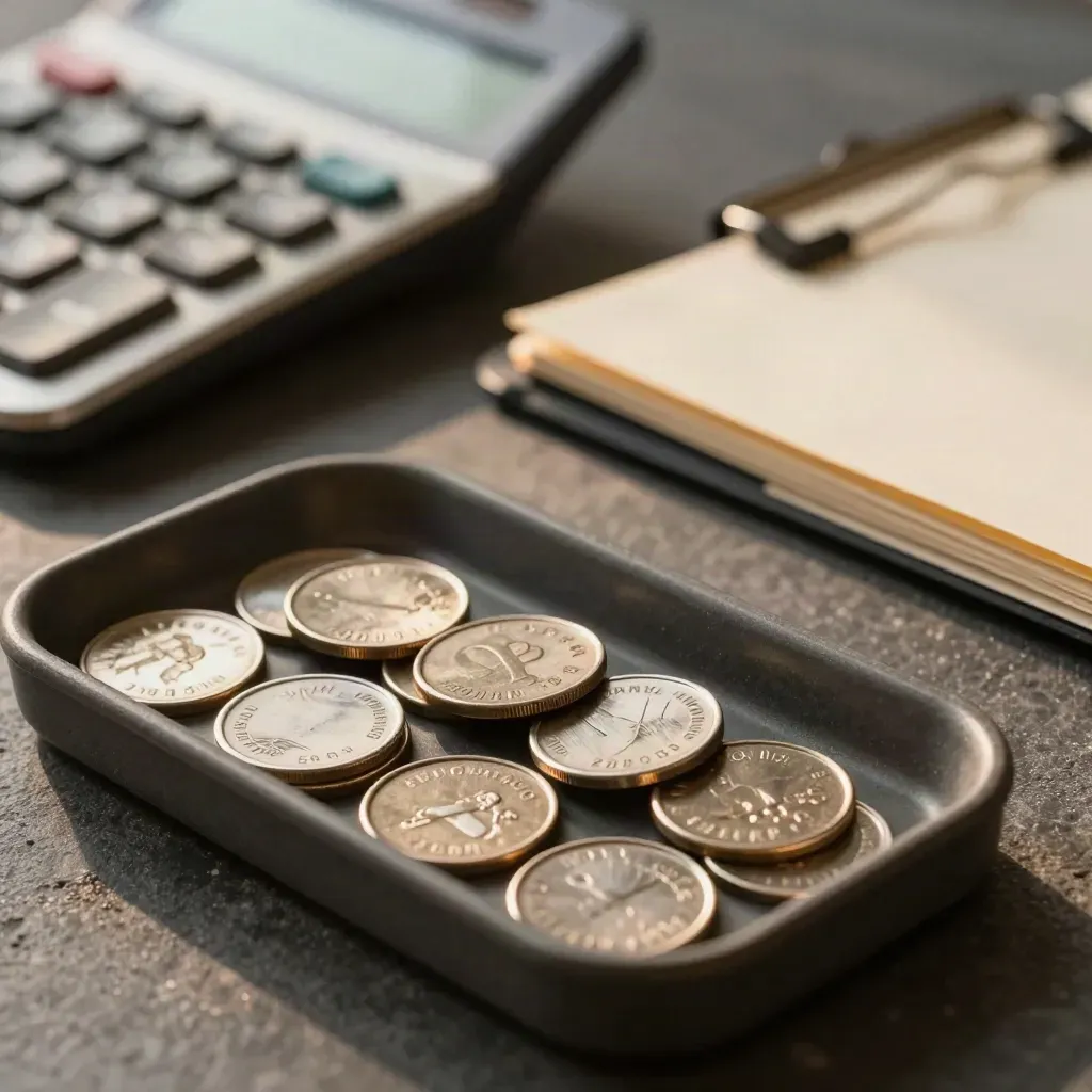 Gros plan sur des jetons de budget, une calculatrice tournée et un dossier sur bureau sombre
