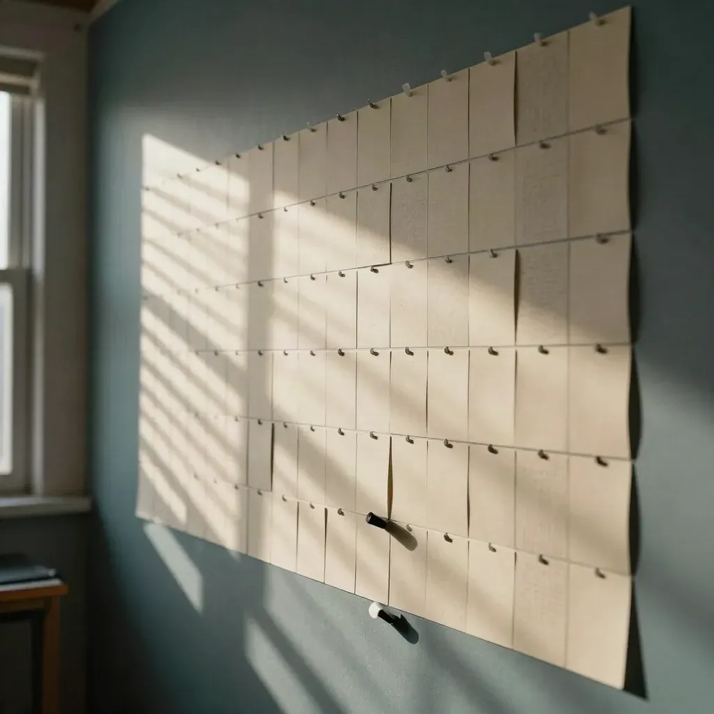 Mur de gestion des risques avec onglets blancs, marqueur sombre et ombre de store diagonale.