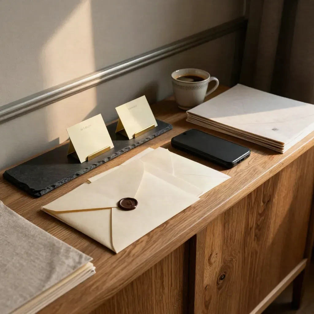 Sur un buffet en bois, des enveloppes, un téléphone muet et des rappels de projet prêts à partir.