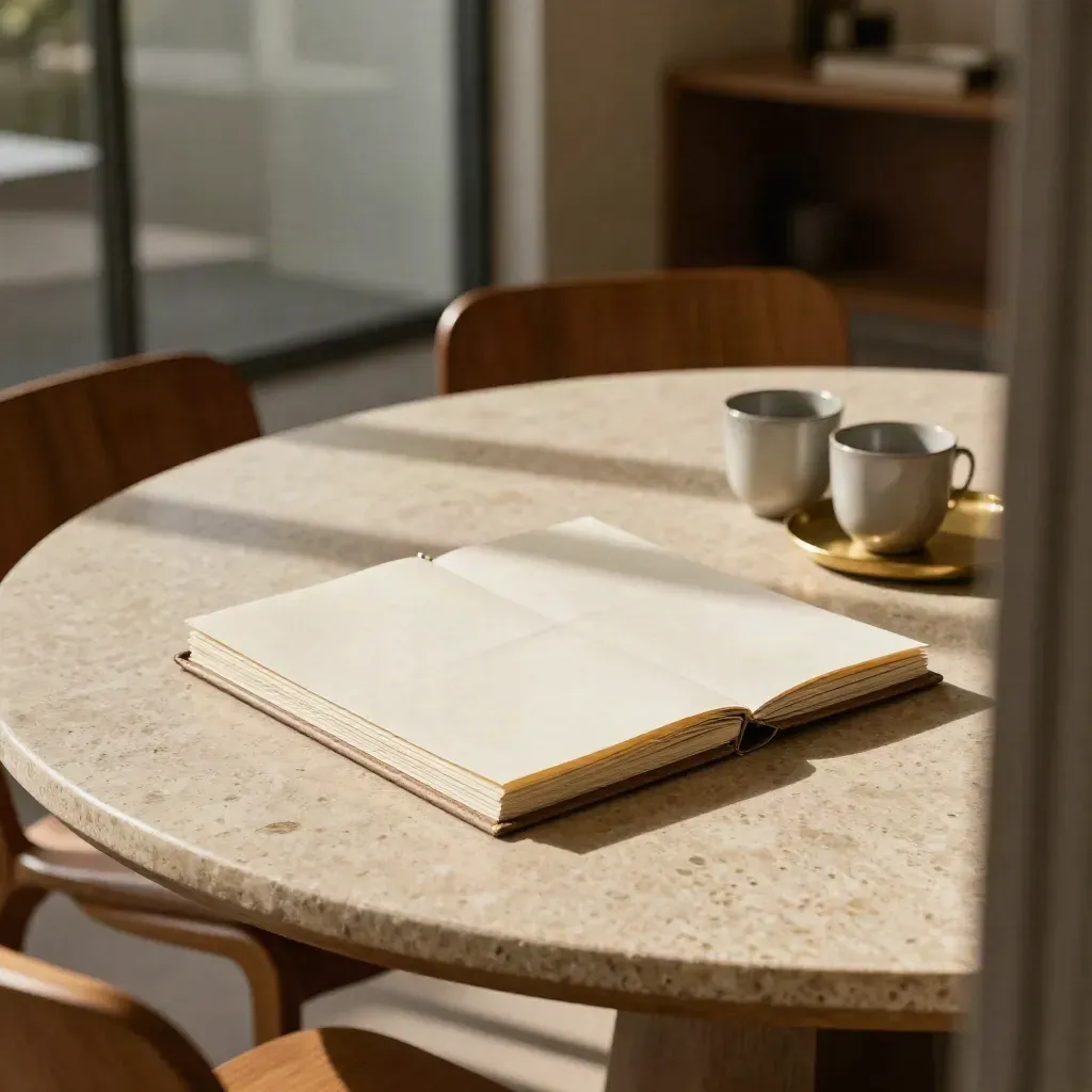 Table ronde en travertin, cartes d’agenda et tasses en céramique dans une salle de réunion lumineuse.