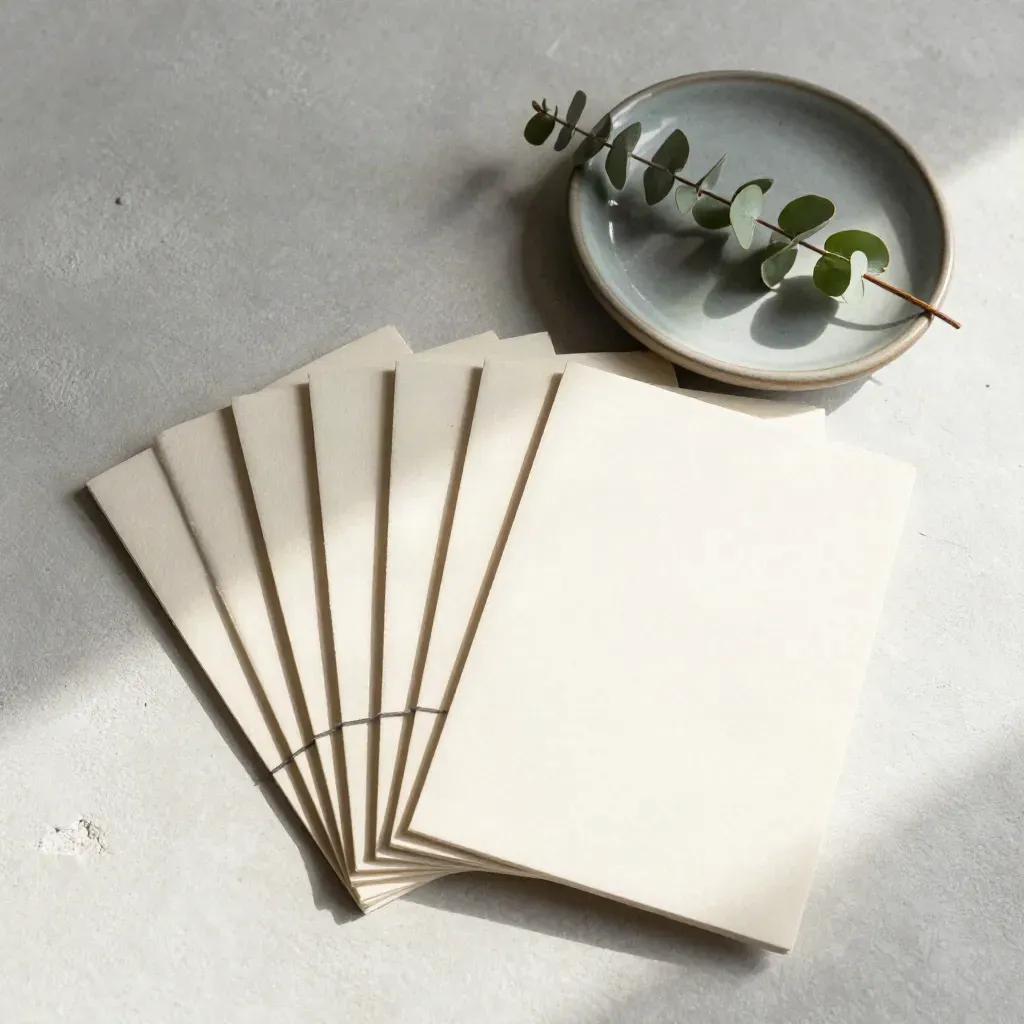 Flatlay de cartes de planning, anneau élastique, coupelle en céramique et brin de verdure.