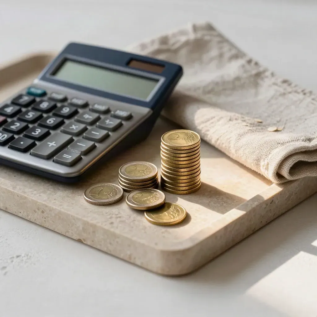 Calculatrice, pile de pièces, pierre et linge plié sur un plateau de pierre.