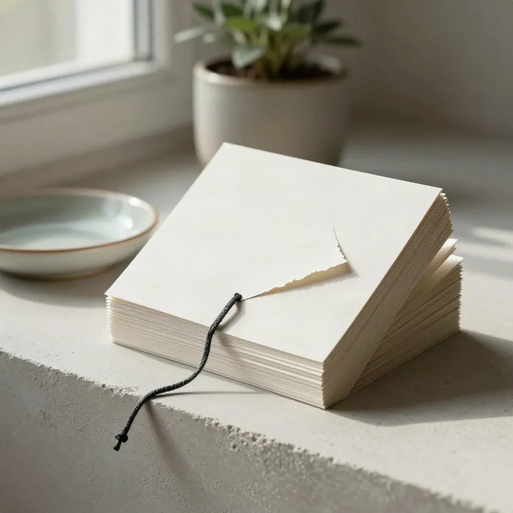 Pile de cartes de projet avec carte déchirée, fil sombre, plante et coupelle sur plâtre clair.