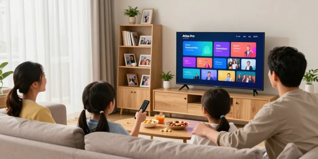 Expérience familiale avec Atlas Pro ONTV, regardant des chaînes colorées dans un salon chaleureux.