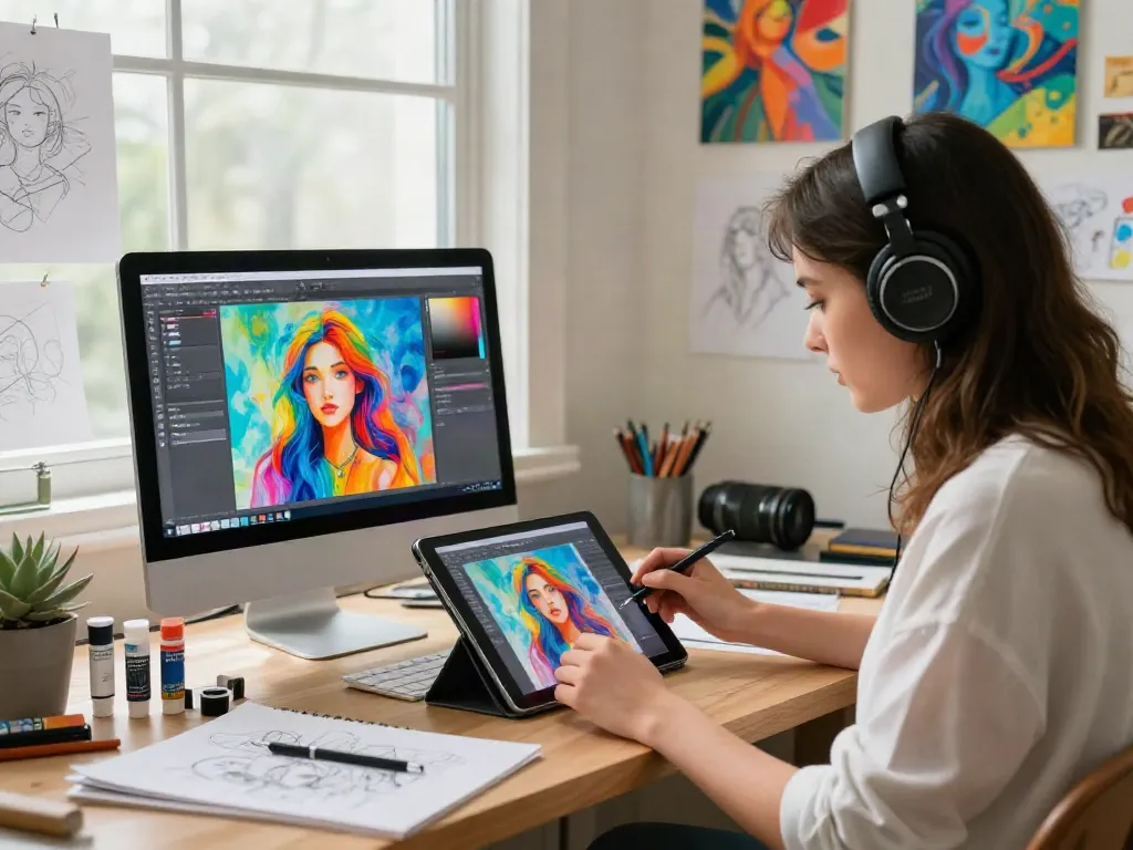 Create stunning 18+ ai artwork in a cozy home studio with a focused artist and vibrant sketches.
