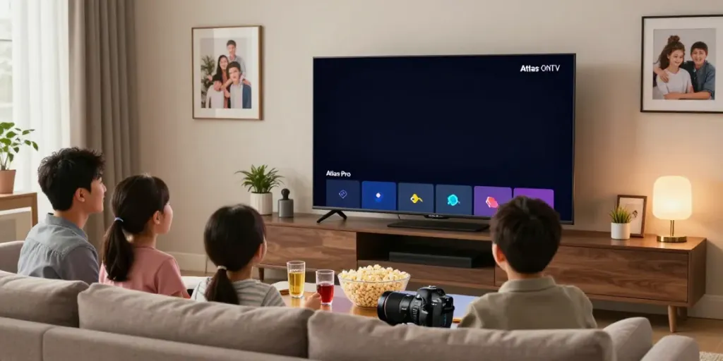 Famille profitant de l'Atlas Pro ONTV sur un écran LED dans un salon moderne.